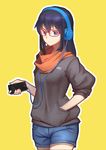  absurdres blue_eyes blue_hair cellphone fps glasses hand_in_pocket headphones highres hood hood_down hoodie looking_at_viewer original phone red-framed_eyewear scarf shorts smartphone smile solo yellow_background 