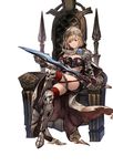 armor armored_boots boots breastplate cape chain chaos_ruler_(granblue_fantasy) crossed_legs djeeta_(granblue_fantasy) gauntlets granblue_fantasy grin holding holding_weapon hood jpeg_artifacts looking_at_viewer midriff minaba_hideo official_art short_hair shorts simple_background sitting smile solo sword thighhighs third-party_edit throne weapon 