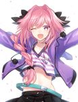  ;d astolfo_(fate) citron_82 crossdressing fang fate/apocrypha fate/grand_order fate_(series) long_hair looking_at_viewer male_focus navel one_eye_closed open_mouth otoko_no_ko outstretched_arms pink_hair smile solo spread_arms 