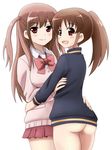  2girls atarashi_ako bare_legs bottomless long_sleeves multiple_girls naked_track_jacket no_panties no_pants nude saki takakamo_shizuno 