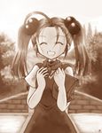  ahoge amy_barklight apple dress eyes_closed hair_ornament long_hair monochrome open_mouth tales_of_(series) tales_of_phantasia twintails 