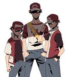  adjusting_clothes adjusting_hat age_progression bag baseball_cap belt brown_hair comparison denim hands_in_pockets hat height_difference highres holding holding_poke_ball jacket jeans looking_at_viewer male_focus multiple_boys multiple_persona open_clothes open_jacket pants poke_ball poke_ball_(generic) pokemon pokemon_(game) pokemon_frlg pokemon_rgby pokemon_sm protected_link red_(pokemon) red_(pokemon_frlg) red_(pokemon_rgby) redlhzz shaded_face shirt short_sleeves shoulder_bag simple_background t-shirt white_background wristband z-ring 