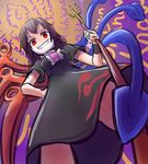  asymmetrical_wings commentary_request dress evil_grin evil_smile foreshortening from_below grin highres houjuu_nue looking_at_viewer looking_down no_legwear no_pupils peroponesosu. polearm red_eyes short_dress smile solo standing standing_on_person thighs touhou trident weapon wings 