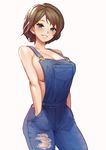  blue_eyes blush breasts brown_hair denim grin hands_in_pockets large_breasts looking_at_viewer md5_mismatch mole mole_under_eye naked_overalls original overalls parted_lips potato_(sksnabi) seductive_smile short_hair simple_background smile solo torn_clothes white_background 