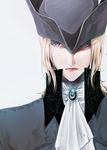  ascot blonde_hair bloodborne blue_eyes grey_background hat itsuki_(itsukiovo) lady_maria_of_the_astral_clocktower long_hair looking_at_viewer simple_background solo the_old_hunters white_neckwear 