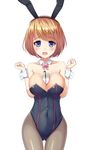  animal_ears ass_visible_through_thighs between_breasts blue_eyes bow bowtie breasts brown_hair brown_legwear bunny_ears bunnysuit covered_navel detached_collar drinking_straw glass large_breasts milk noru_(take011000) open_mouth original pantyhose short_hair solo standing thigh_gap w_arms wrist_cuffs 