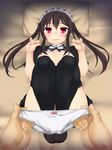  black_hair breasts holding holding_panties long_hair lying maid maid_headdress minazuki_minao on_back open_clothes open_shirt original out_of_frame panties panties_removed pov pov_hands red_eyes shirt thighhighs twintails underwear 