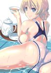  ass bangs blonde_hair blue_eyes braid breasts competition_swimsuit crotch_seam cup darjeeling girls_und_panzer highres holding holding_cup large_breasts light_smile looking_at_viewer looking_back lying nenchi on_stomach one-piece_swimsuit partially_submerged saucer short_hair shoulder_blades sideboob simple_background smile solo swimsuit tea teacup teapot tied_hair tray trefoil wading water wet white_background white_swimsuit 