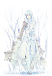  animal blue_eyes blue_hair branch buttons coat collared_shirt commentary fur fur_trim kaito long_coat male_focus necktie pale_skin project_diva_(series) shirt sinaooo smile snow snowflakes tree vocaloid winter winter_clothes winter_coat wolf 