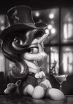  2016 assasinmonkey beverage clothed clothing dress equine female feral friendship_is_magic fur glass greyscale hair hat horn inside looking_at_viewer mammal monochrome my_little_pony solo starlight_glimmer_(mlp) unicorn window 