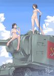  alina_(girls_und_panzer) artist_name bangs bikini breasts brown_eyes brown_hair cloud cloudy_sky dated day emblem food girls_und_panzer ground_vehicle highres holding kv-2 looking_at_viewer micro_bikini military military_vehicle motor_vehicle multiple_girls nenchi nina_(girls_und_panzer) on_vehicle open_mouth outdoors popsicle pravda_(emblem) short_hair short_twintails signature sitting sky small_breasts smile standing swimsuit tank twintails white_bikini 