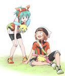  bad_id bad_twitter_id bag bare_shoulders bike_shorts blue_hair brown_hair cosplay crossover gen_3_pokemon haruka_(pokemon) haruka_(pokemon)_(cosplay) hat hunter_x_hunter lap_pillow leaning_forward looking_at_another lowres minun petting plusle pokemon pokemon_(creature) pokemon_(game) pokemon_oras pokkle ponzu short_hair sleeping white_background yuriko_(yuriko_popo) yuuki_(pokemon) yuuki_(pokemon)_(cosplay) 