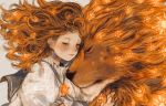  1girl blush eyes_closed highres hug lion long_hair mane orie_h original red_hair solo star tears 