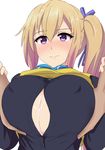  1girl aftersex asymmetrical_hair blonde_hair blush breast_grab breasts cleavage cum cum_on_body cum_on_breasts embarrassed erect_nipples erect_nipples_under_clothes groping hair_ribbon hand_on_breast highres kawakami_mai large_breast large_breasts long_hair musaigen_no_phantom_world nao_(ritsancrossover) paizuri purple_eyes side_ponytail simple_background tied_hair upper_body white_background 