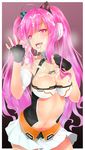 1girl body_writing breasts cleavage condom cum cum_in_condom cum_in_mouth facial gloves headphones heart heart-shaped_pupils large_breasts pink_eyes pink_hair rasis skirt sound_voltex symbol-shaped_pupils 
