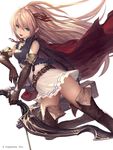  arisa_(shadowverse) blonde_hair boots brown_footwear brown_legwear copyright_name cygames elbow_gloves elf gloves green_eyes hair_ribbon highres long_hair open_mouth pointy_ears red_ribbon ribbon shadowverse simple_background solo tachikawa_mushimaro thigh_boots thighhighs white_background 