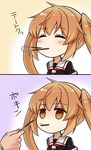  1girl 2koma admiral_(kantai_collection) black_serafuku blush brown_eyes brown_hair closed_eyes comic commentary cross-counter_(screw_upper) empty_eyes eyebrows eyebrows_visible_through_hair food instant_loss_2koma kantai_collection murasame_(kantai_collection) neckerchief pocky pocky_kiss school_uniform serafuku shared_food translated twintails 