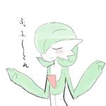  2016 blush eyes_closed female gardevoir japanese_text nintendo pok&eacute;mon raised_arm simple_background smile solo standing text translation_request video_games white_background にしくんsp 
