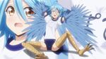  1girl ahoge blue_hair blush feathers gym_clothes harpy monster_musume_no_iru_nichijou papi_(monster_musume) stretching tagme talons wings 