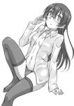  1girl adjusting_eyewear ayumu-k black_legwear blush breasts full_body glasses long_hair long_sleeves looking_at_viewer love_live! love_live!_school_idol_project monochrome navel open_clothes panties parted_lips shirt simple_background sitting small_breasts solo sonoda_umi thighhighs underwear white_background 