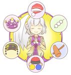  character_hat chart closed_eyes commentary_request food hammer hands_clasped hat highres kishin_sagume legacy_of_lunatic_kingdom mochi own_hands_together peroponesosu. single_wing solo touhou upper_body wagashi white_background wings 