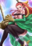  1girl breasts ch.ris claws duel_monster earrings erect_nipples feathers green_eyes harpie_harpist harpy highres hoop_earrings looking_at_viewer monster_girl multicolored_hair nipples open_mouth pointy_ears red_hair solo talons underboob wings yu-gi-oh! yuu-gi-ou_duel_monsters 