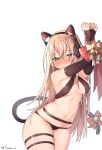  1girl animal_ears armpits arms_up bare_shoulders bdsm bell bikini black_bikini blonde_hair blush bound bound_wrists bow breasts cat_ears cat_tail cleavage closed_mouth cowboy_shot detached_sleeves fake_animal_ears frown girls_frontline green_eyes groin headphones long_hair long_sleeves looking_at_viewer medium_breasts navel nose_blush red_bow ribbon ribbon_bondage simple_background skindentation sleeves_past_wrists solo stomach swimsuit tail tail_bell tail_bow thigh_strap tmp_(girls_frontline) tsuka twitter_username white_background 