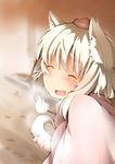  :d ^_^ animal_ears baozi blanket blush closed_eyes commentary_request eating eyebrows facing_viewer fang fingernails food food_on_face hat highres inubashiri_momiji open_mouth pom_pom_(clothes) shishi_juuroku short_hair smile solo thick_eyebrows tokin_hat touhou wolf_ears 