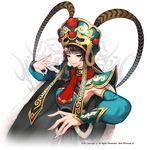  artist_name black_hair brown_eyes cape chinese_clothes feathers fur_trim hat mask mask_removed mian_(kof) muse_(rainforest) simple_background solo the_king_of_fighters the_king_of_fighters_xiv upper_body white_background 