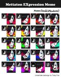  biting_lip black_hair blue_background english_text eyes_closed eyeshadow frown green_background grin hair machine makeup male mettaton mettaton_neo open_mouth orange_background purple_background purple_hair red_background robot satsuki-udon simple_background solo sweat sweatdrop text tongue tongue_out undertale video_games yellow_background 