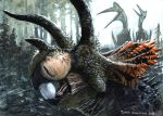 2018 absurd_res azhdarchid ceratopsian dinosaur egg feral group hi_res horn open_mouth pterosaur realistic reptile scalie solo_focus traditional_media_(artwork) triceratops triceratops_horridus tuomas_koivurinne 