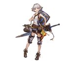  bag belt dress farrah_(granblue_fantasy) full_body granblue_fantasy grey_eyes jewelry knee_pads looking_at_viewer minaba_hideo necklace official_art open_mouth shield shoes short_dress short_hair shorts sleeveless smile solo standing transparent_background weapon white_hair 