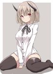  :&lt; bangs between_legs black_footwear black_ribbon blunt_bangs blush boots breasts brown_background buttons closed_mouth collared_shirt dress_shirt expressionless hand_between_legs horns long_sleeves looking_at_viewer medium_breasts no_panties pussy red_eyes ribbon shirt simple_background sitting solo thigh_boots thighhighs tokoi uncensored wariza white_shirt wing_collar 
