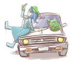  backpack bag car cattail commentary_request cucumber ground_vehicle highres kawashiro_nitori leaning_back leaning_on_object looking_at_viewer looking_to_the_side motion_lines motor_vehicle peroponesosu. plant solo touhou white_background 
