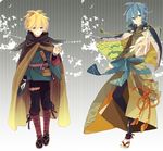  blonde_hair blue_eyes blue_hair cloak commentary floral_print green_eyes hair_ribbon japanese_clothes kagamine_len kaito looking_at_viewer male_focus multiple_boys ponytail pouch ribbon simple_background smile vocaloid yoshiki 