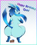  anthro anus big_butt blue_eyes blue_hair breasts butt crouching eeveelution english_text female glaceon hair hi_res huge_butt looking_at_viewer mammal nintendo nude pok&eacute;mon presenting presenting_hindquarters pussy r-mk raised-tail raised_heel side_boob smile solo text video_games voluptuous 