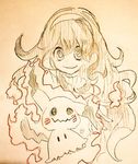  1girl female gradient gradient_background hex_maniac_(pokemon) mimikyu monochrome pokemon sketch smile solo 