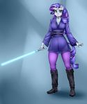  2016 5_fingers anthro anthrofied blue_eyes boots breasts cleavage clothed clothing equine eyebrows eyelashes female footwear friendship_is_magic fully_clothed hair holding_object holding_weapon horn lightsaber long_hair looking_at_viewer mammal my_little_pony pants pia-sama purple_hair rarity_(mlp) signature solo star_wars unicorn weapon 