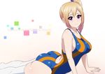  1girl ass bare_shoulders blonde_hair blush breasts cleavage hair_ribbon happy highres huge_ass kawakami_mai large_breasts long_hair looking_at_viewer lying mole_under_eye musaigen_no_phantom_world purple_eyes side_ponytail simple_background smile solo swimsuit thighhighs tied_hair 