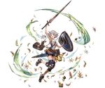  belt dress farrah_(granblue_fantasy) full_body granblue_fantasy grey_eyes holding holding_weapon jewelry knee_pads leaf looking_at_viewer minaba_hideo necklace official_art open_mouth shield shoes short_dress short_hair shorts smile solo transparent_background weapon white_hair wind 