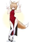  ahoge animal_ears armpits bare_hips bare_shoulders brown_hair china_dress chinese_clothes dress fox_ears fox_shadow_puppet fox_tail full_body highres kurotsutsuki looking_at_viewer open_mouth orange_eyes original pelvic_curtain short_hair side_slit simple_background sleeveless sleeveless_dress solo standing tail thighhighs thighs white_legwear wide_hips 