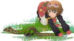  1girl book boots brown_hair fingerless_gloves gloves goggles green_eyes open_mouth rita_mordio scorpion short_hair tales_of_(series) tales_of_vesperia thighhighs 