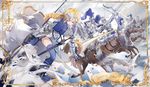  armored_dress army arrow bird blonde_hair blue_legwear bow_(weapon) braid capelet cavalry fate/apocrypha fate/grand_order fate_(series) flag full_armor headpiece helmet highres horse jeanne_d'arc_(fate) jeanne_d'arc_(fate)_(all) knight lance nine_(liuyuhao1992) polearm purple_eyes riding single_braid spear thighhighs weapon 