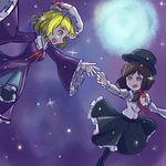  highres holding_hands maribel_hearn no_pupils open_mouth out_of_frame outstretched_arm outstretched_hand peroponesosu. purple_background red_eyes skirt skirt_lift space star touhou upper_body usami_renko wind wind_lift yellow_eyes 