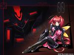  00unit bodysuit bow fortified_suit highres kagami_sumika long_hair mech mecha mecha_musume mu-luv muvluv red_eyes red_hair spandex wallpaper 