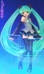  aqua_eyes aqua_hair aqua_neckwear detached_sleeves hatsune_miku highres long_hair necktie shigatake solo thighhighs twintails very_long_hair vocaloid zettai_ryouiki 