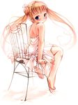  back bare_shoulders barefoot blue_eyes blush chair copyright_request double_bun dress full_body long_hair looking_at_viewer looking_back sitting smile solo twintails yoshinari_atsushi 
