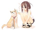  arima_senne blush collar dog glasses green_panties high_heels kashiwamochi_yomogi leash miniskirt original panties pantyshot pantyshot_(sitting) pencil_skirt pet sandals shiba_inu shoes sitting skirt solo tank_top underwear 