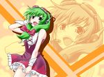  alternate_costume alternate_hairstyle blush bow cosplay dorowa_no_hito dress front_ponytail goggles goggles_on_head green_eyes green_hair gumi hair_bow happy headphones kagiyama_hina kagiyama_hina_(cosplay) long_hair parody smile solo touhou vocaloid wallpaper wrist_cuffs 