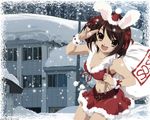  animal_ears breasts brown_eyes brown_hair bunny_ears bunny_girl christmas cleavage hat looking_at_viewer medium_breasts midriff navel open_mouth santa_costume santa_hat skirt snowing solo suzumiya_haruhi suzumiya_haruhi_no_yuuutsu 